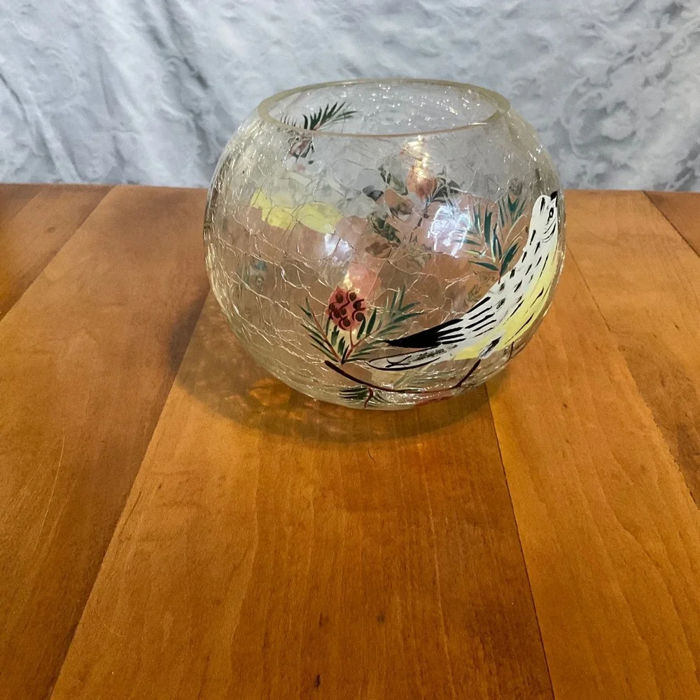 Fifth Avenue Crystal Hand Painted Crackle Glass Golden Finch‎ Candle Holder